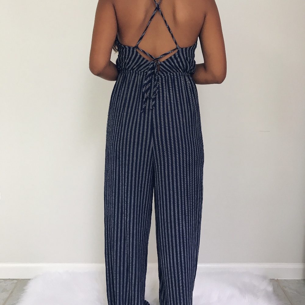 🆕 Davina - Navy Blue Striped Jumpsuit - Picture 4 of 6